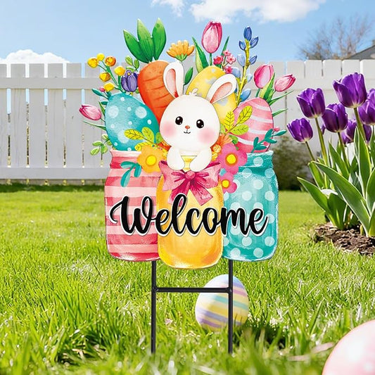 JarThenaAMCS Easter Metal Garden Stake Welcome Yard Sign Watercolor Bunny Rabbit Vase Decorative Lawn Sign for Spring Home Outside Lawn Porch Walkway Pathway