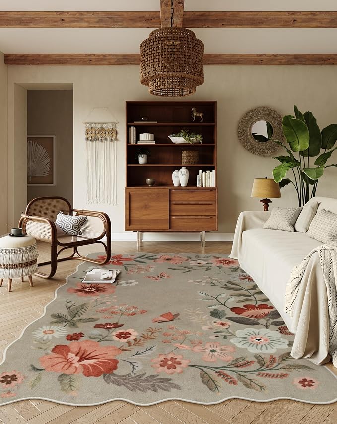 Lahome Floral Washable Rugs for Living Room Bedroom, Soft 5x7 Area Rugs | Non-Slip Stain Resistant Boho Low-Pile Throw Large Carpet for Dining Room Office Flore, Brown