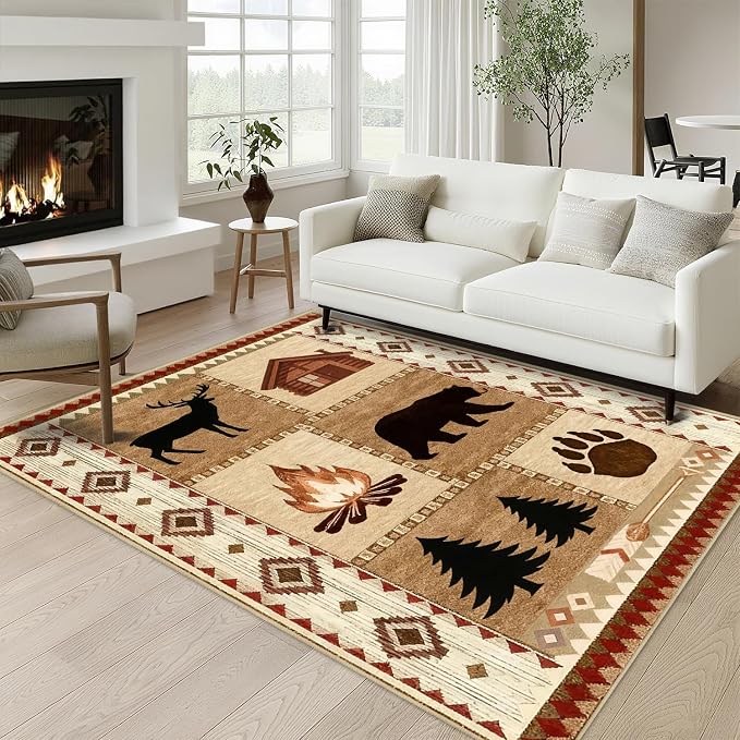 Cabin Rustic Bear Area Rug 4x6 Lodge Deer Wildlife Western Rug Country Farmhouse Machine Washable Non-Slip Printed Low-Pile Indoor Carpet for Living Room Bedroom Dining Room Office