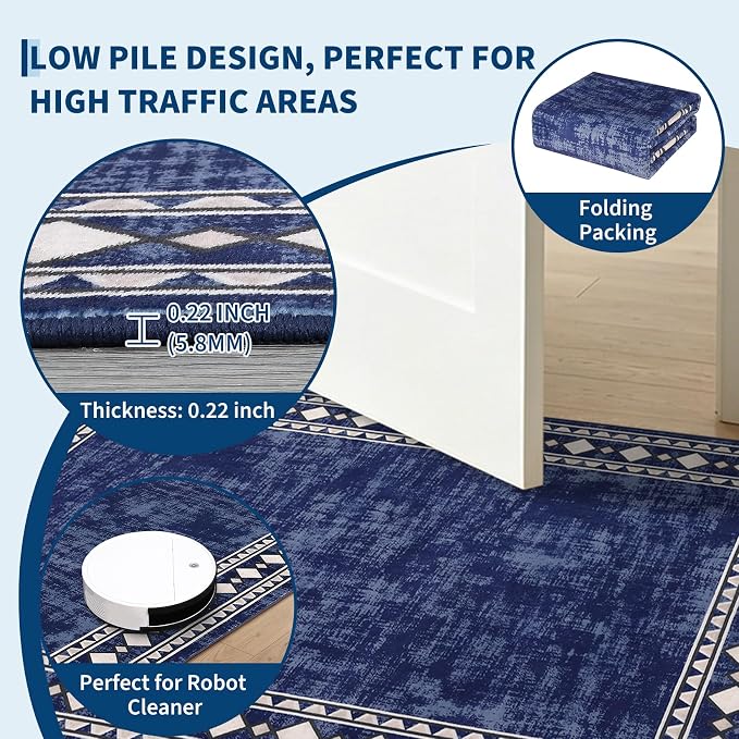 Garvee 8x10 Vintage Border Washable Rugs for Living Room Bedroom Rug, Blue | Boho Area Rug Stain Resistant Easy Cleaning Throw Rugs Low Pile Floor Cover for Nursery Dining Room Apartment