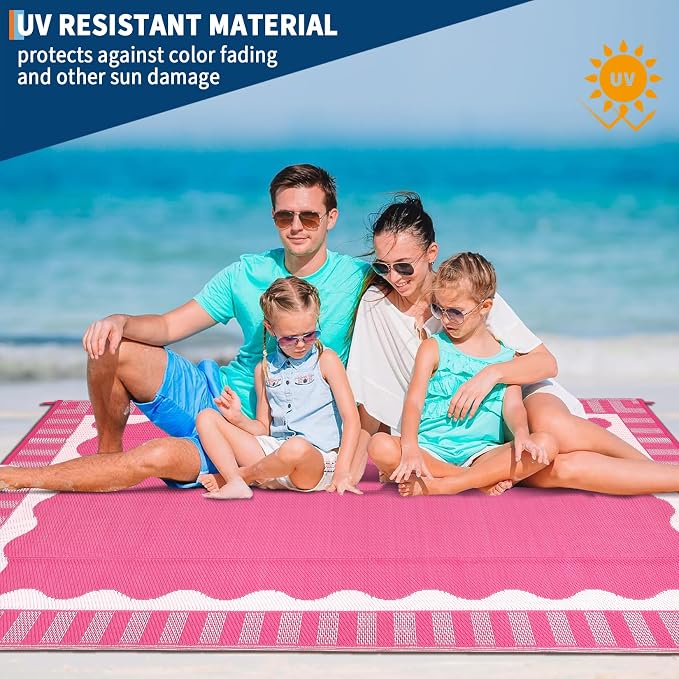 Garvee Scalloped RV Rugs for Outside 9x18 Patio Rugs Outdoor Waterproof, Modern Border UV Resistant Reversible Rug, Foldable Plastic Straw Carpet for Picnic, Backyard, Porch, Beach, Camper, Hot Pink