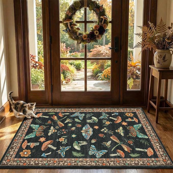 Mushroom Whimsical Cottage Core Small Rug 2x3 Washable Door Mat Indoor Rugs for Entryway Non-Slip Soft Insect Bug Butterfly Funky Decor for Bedroom Kitchen Black Brown