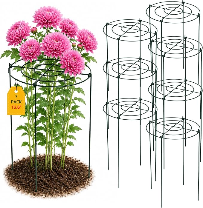 7 Pack Peony Cages and Supports, 13.8" D x 23.6" H Grow Through Plant Supports for Outdoor Plants, 4-Leg Metal Flower Support Rings with Rust-Resistant Coating for Peonies, Roses, Hydrangeas, Tomatoes