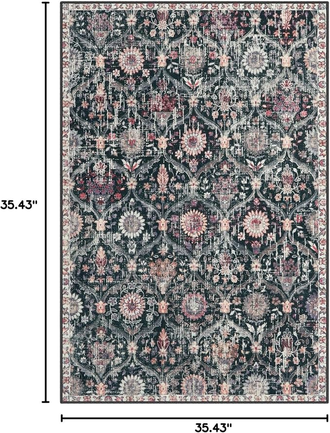 Lahome Moroccan Washable Rugs for Living Room, 4x6 Rug for Bedroom Non-Slip | Non-Slip Vintage Trellis Ultra-Thin Throw Carpet for Dining Room Office Nursery Elise, Black/Multi