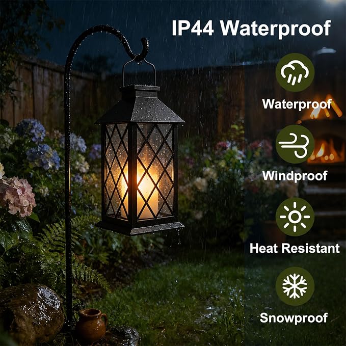 Solar Lanterns Outdoor Waterproof, 1 Pack 14‘’ Tempered Glass Outdoor Lanterns with Flameless Candles, Solar Hanging Lantern Decorative for Patio Porch Garden Table Deck Outside - Black