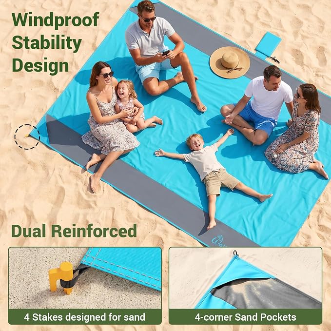 Wolfwise 78" × 81" XXL Beach Blanket, Waterproof & Sandproof Picnic Mat with 4 Sand Pockets & 4 Stakes, Windproof Outdoor Camping Beach Mat, Lightweight, Fits 4 People, Green