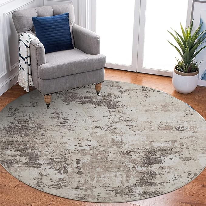 ROYHOME Modern Abstract 4x4 Round Area Rug Non Shedding, Brown Grey | Non Slip Rug Low Pile Stain Resistant for Bedroom Living Room office Dining Room