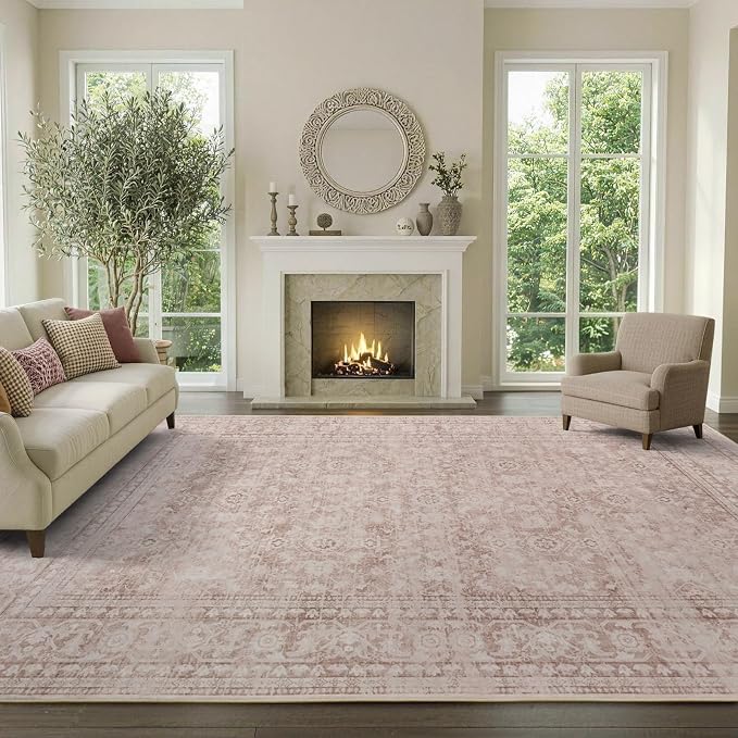 9x12 Ft Extra Large Area Rugs for Living Room, Soft Non-Slip Machine Washable Rug, Vintage Stain Resistant Carpets for Bedroom Nursery Dining Room Home Decor (Grey Pink)