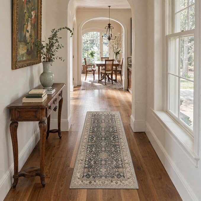 2x3 Doormat, Vintage Floral Washable Non Slip Area Rug for Entrance | Oriental Floral Soft Low Pile Boho Small Rug for Entryway Bedside Kitchen, Stain Resistant Lightweight Easy Care, Dusty Taupe