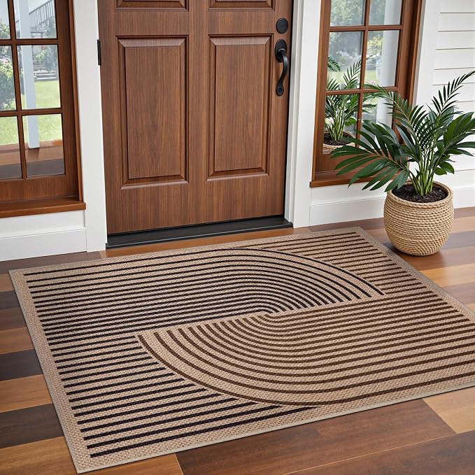 Tangsoo Easy Jute 3x5 Rug for Living Room,Non-Slip Thin Dark Brown Rainbow Indoor Outdoor Area Rug,Washable Boho Farmhouse Carpet for Front Porch Bedroom Patio Entryway