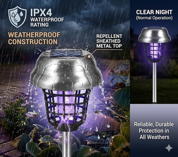 Solar Bug Zapper Outdoor Waterproof Solar Powered Mosquito Repellent Outdoor Patio,Cordless & Auto On/Off Trap Purple & White Light for Gnat Fly Insect Zapper for Garden Backyard for Outside,4 Pack