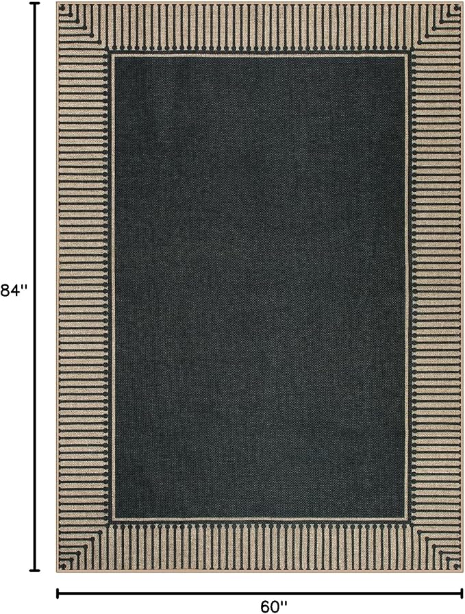 Moynesa Striped Border Easy Jute Outdoor Rug 5x7 Area Rugs for Living Room, Washable Indoor Outdoor Patio Rug Non Slip Low Pile, Black Farmhouse Carpet for Backyard Bedroom Dining Room