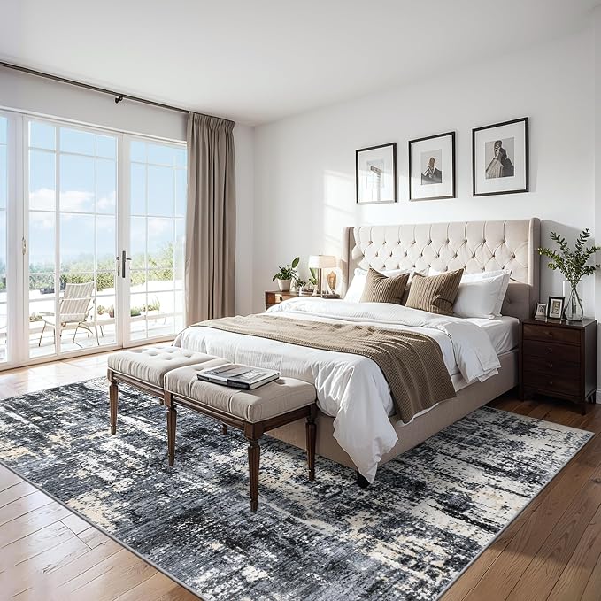 PLHXFR Area Rug Living Room: 5x7 Abstract Washable Carpet Black Gold | For Bedroom Dining Room Farmhouse Nursery Home,Machine washable,Non Slip,Large Soft Neutral,Stain Resistant, Indoor Floor