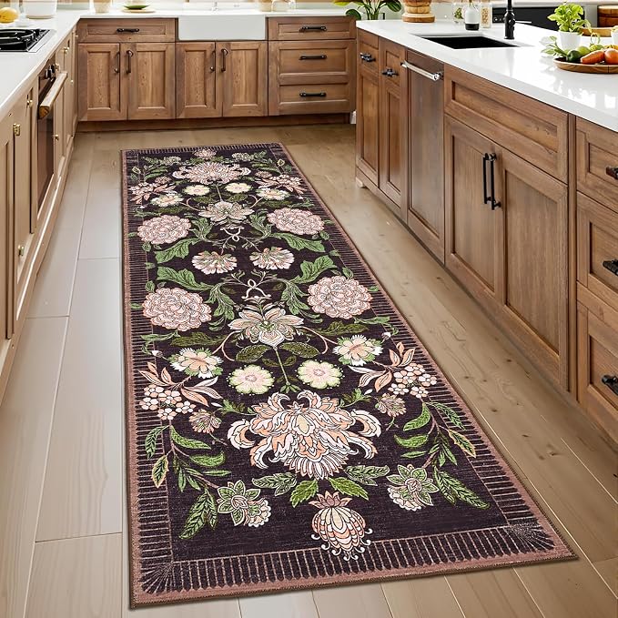 GarveeHome Plum Pink Floral Botanical 2x6 Washable Kitchen Runner Rugs Non Slip Black Purple Vintage Boho Cottage Long Rug for Hallways Bedroom Entryway Bathroom Mat with Rubber Back