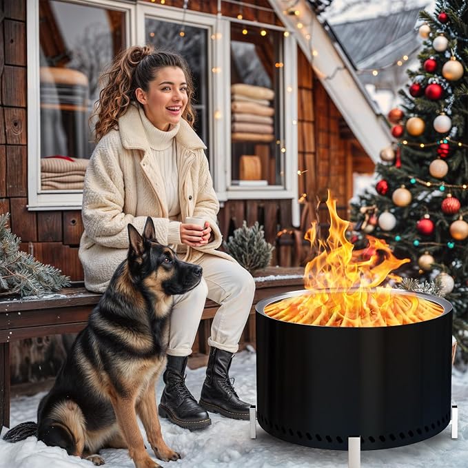 HGD 27.5" Smokeless Firepit with Stand, Large Stainless Steel Wood Burning Fire Pit for Friends & Family Gatherings, Secondary Combustion Outdoor Patio Stove for Garden BBQ & Bonfire (Black)