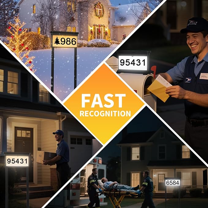 LumiZen Solar Address Sign, House Numbers for Outside Double Side, 12-Color Modes Lighting Address Plaque Outdoor Waterproof, Illuminated LED Address Numbers with Stakes for Yard Home Mailbox-2pack