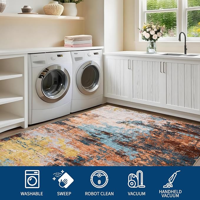 GarveeHome Machine Washable Runner Abstract Hallway Rugs 2x6 Yellow | Non-Slip Backing, Stain-Resistant Low Pile Floor Cover, Colorful Indoor Mat, Bedroom, Kitchen, Laundry