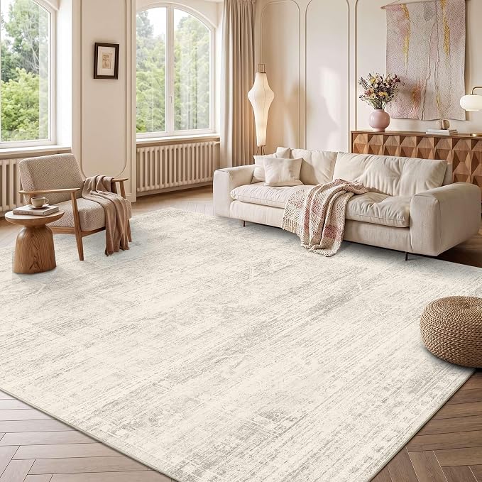 Latte&Fog 9x12 Area Rugs for Living Room Washable Ivory Area Rugs Large | for Bedroom Dining Kitchen Kids Playroom Nursery Classroom Dorm Farmhouse Office, Non Slip Low Pile Soft Floral Carpet Indoor