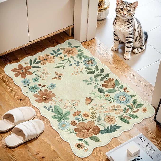 Lahome Floral Small Rug, 2X3 Kitchen Rugs Non Slip Washable Rug Ultra-Thin | Soft Front Door Mat Indoor Entrance Boho Low-Pile Entry Carpet for Bathroom Bedroom Flore (2x3ft, Beige)