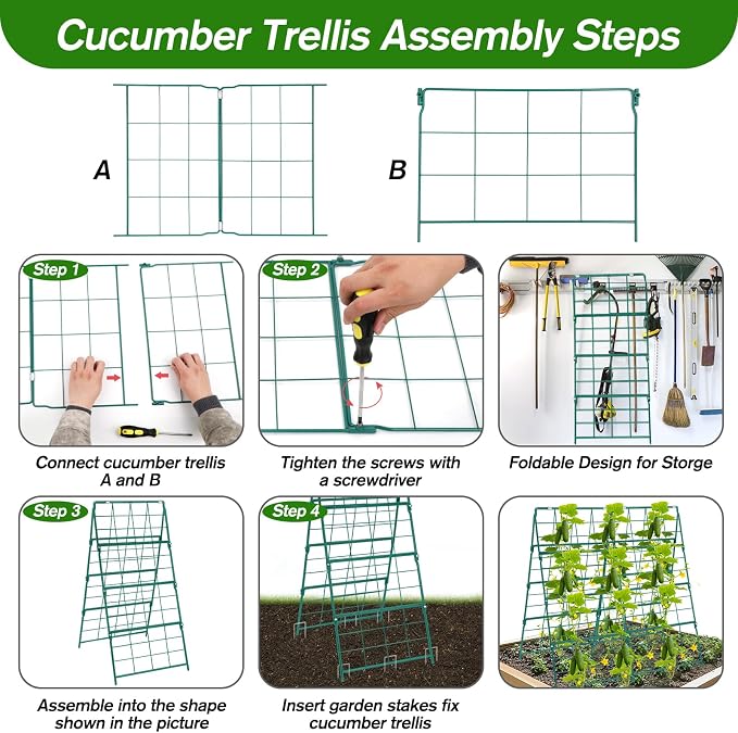 Cucumber Trellis for Raised Bed A Frame Metal Garden Trellis for Climbing Plants Outdoor, 42 x 32IN Foldable Coated Steel Cucumbers Trellis for Vegetable Fruit Flower