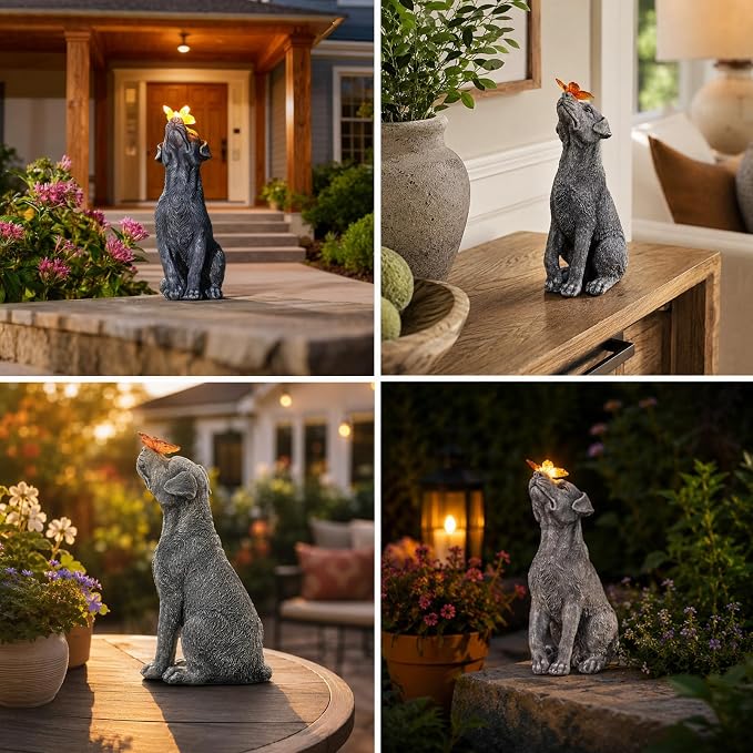Garden Statue Dog Figurine Decor with Solar Butterfly Outdoor Decoration | Ideal Gifts for Mom Dad or Birthdays,Memorial Yard Lawn Home Decor for Outside