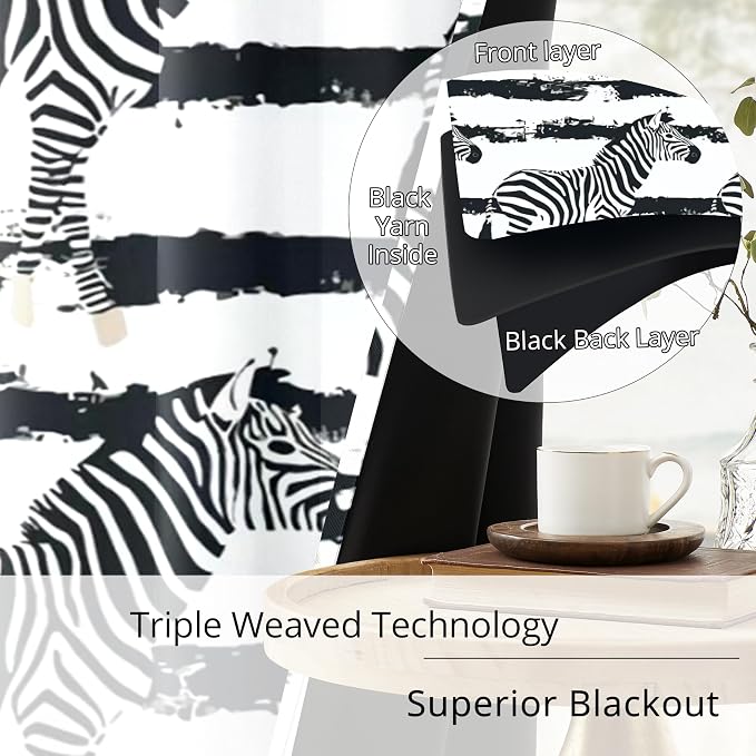 Black and White Zebra Print Blackout Curtains for Bedroom, Modern Animal Stripe Window Drapes, 100% Light Blocking Curtains for Living Room, Grommet Top 52 x 84 Inches, 2 Panels