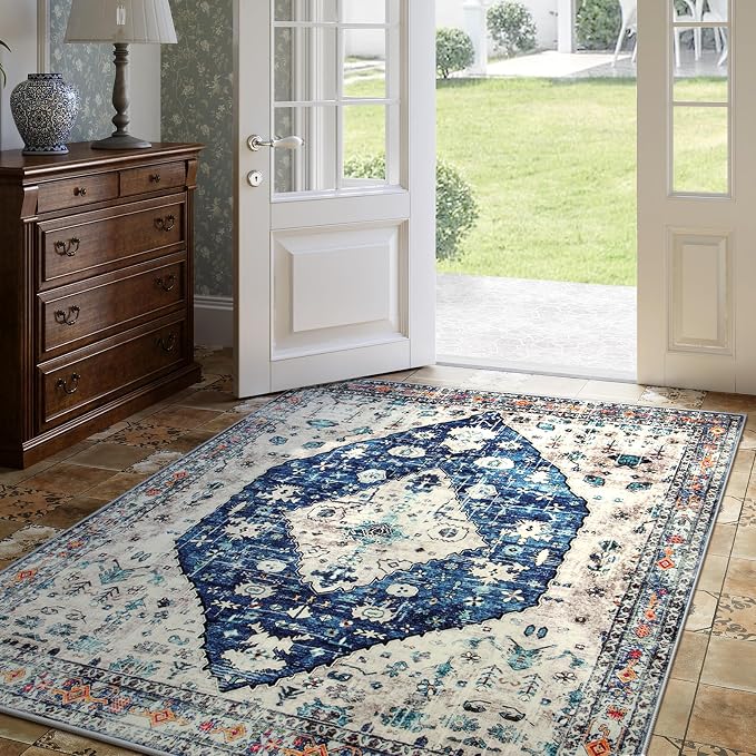 Lahome Felice Boho Tribal Square 4x4 Area Rug, Blue Washable Bathroom Rugs Soft Kitchen Rugs, Oriental Non Slip Non-Shedding Indoor Throw Floor Carpets for Bedroom Entryway Home Decor
