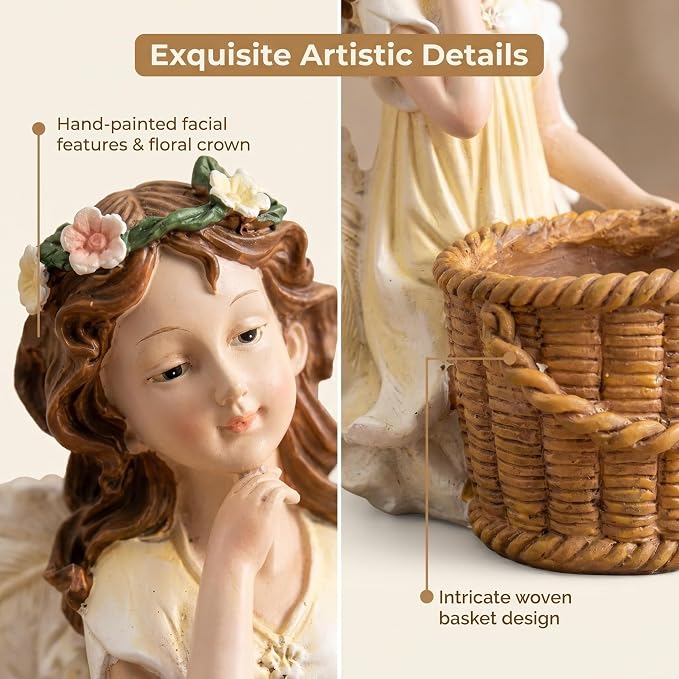 Garden Angel Planter, 11.8 inch Decorative Resin Fairy Flower Pot, Hand Painted Outdoor Patio Figurine