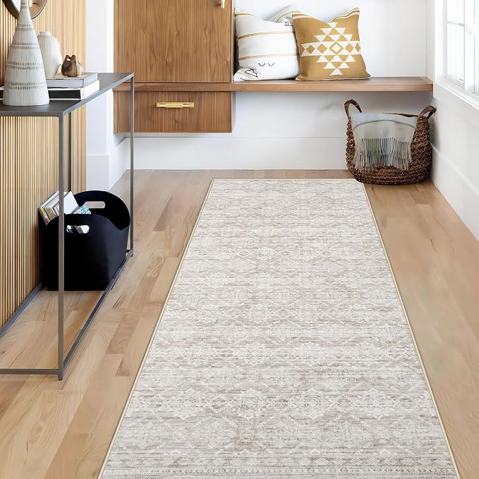 Runner Rug 2x7 Boho Geometric Area Rugs: Washable Kitchen Entryway Rug, Soft Non Slip Moroccan Long Hallway Rugs for Bedroom Bathroom Laundry Entryway Staircase Foyer(Ivory Mocha,2'x7')