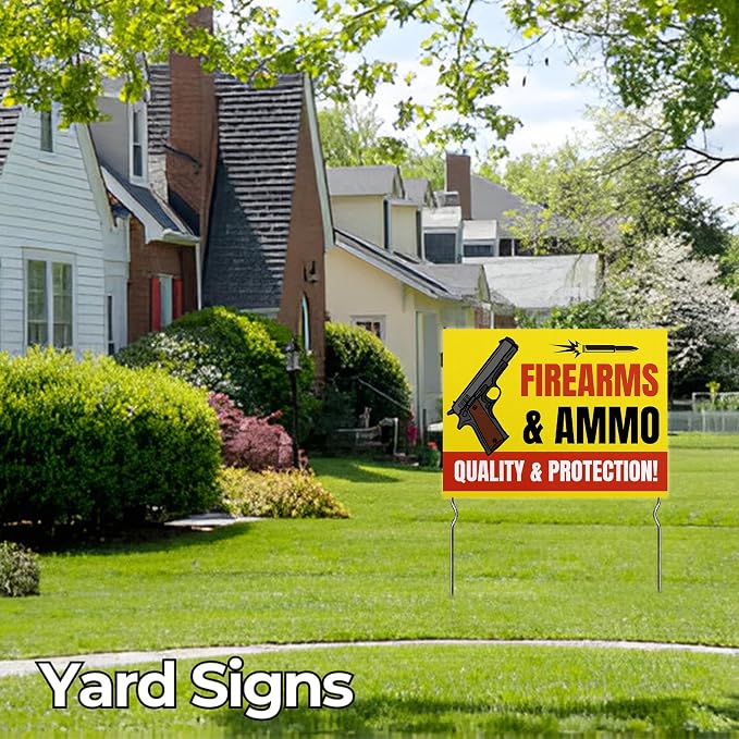 Firearms & Ammo - Quality & Protection! Yard Sign by DC | 24"x18" Double Sided Conv. Store Garden Sign with 13” Metal Stakes | Outdoor Signs Waterproof for Lawn, Patio, Sidewalk & House | Set of 4
