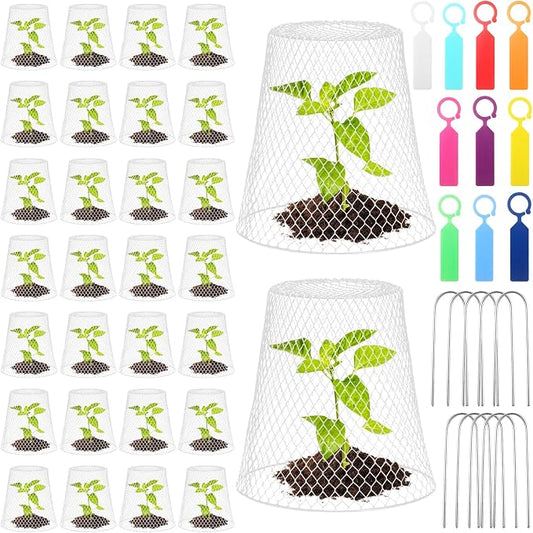 Geosar 30 Pcs 9 Inch Chicken Wire Cloche Plant Protector Cover Metal Garden Cloche Netting Protection Cages Vegetables Flowers with Garden Stakes Avoiding Chicken Rabbit Squirrels Birds (White)