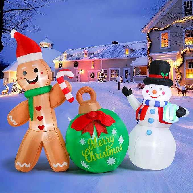MUMTOP Inflatable Gingerbread Man-Christmas Inflatable Outdoor Decoration - 6.3 FT Gingerbread and Snowman Inflatables with Ball Blow Up Lighted Holiday Displays for Garden Yard Outside Decor