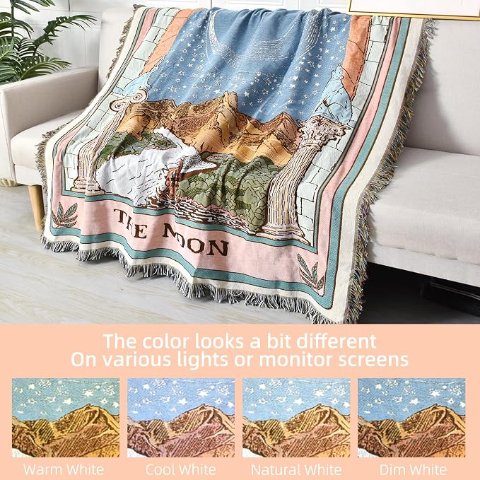 Boho Throw Blanket Reversible Cotton Bohemian Tapestry Hippie Room Decor Double Sided (Boho The Moon 50"x60")