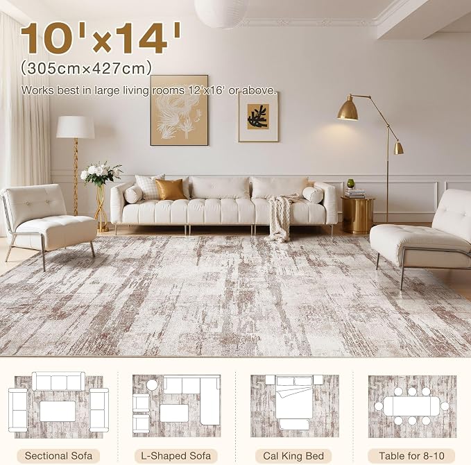 kakania Abstract 10x14 Area Rugs for Living Room: Washable Rugs Light Brown | Soft, Non-Slip, Low-Pile, Pet & Kid Friendly - Large Modern Home Decor Carpet for Bedroom/Dining Room/Office/Nursery