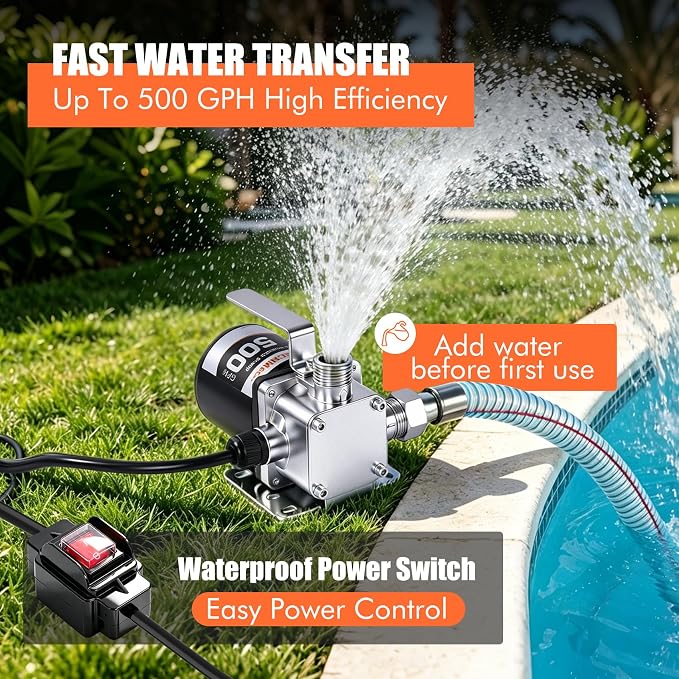 FMCNMech 110V Portable Electric Water Transfer Pump, 500 GPH High Flow Utility Pump with Switch for Pool Drain, Basement, Garden, Rain Barrel, Cast Iron