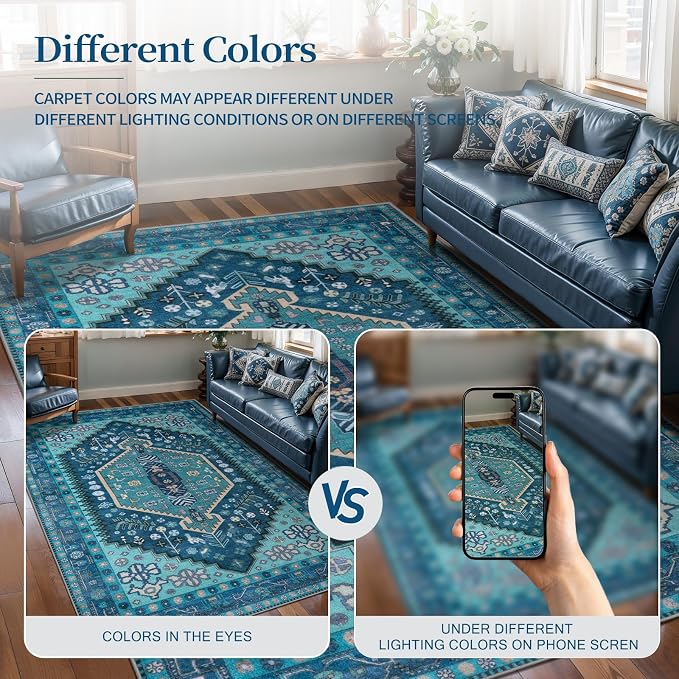 Ciicool 2x3ft Small Area Rug,Washable Boho Thin Mat for Entryway Kitchen | Oriental Non-Slip Low-Pile Indoor Teal Carpet Entry Rugs for Entrance Bedroom Kitchen Bathroom Foyer Decor