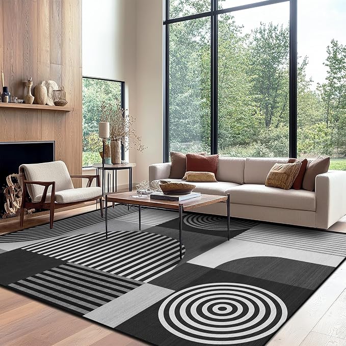 9x12 Area Rug for Living Room Grey Geometric Mid Century Modern Rug Machine Washable Black White Gray Minimalist Rugs Non Slip Low Pile Large Dining Room Indoor Floor Carpet for Bedroom Office