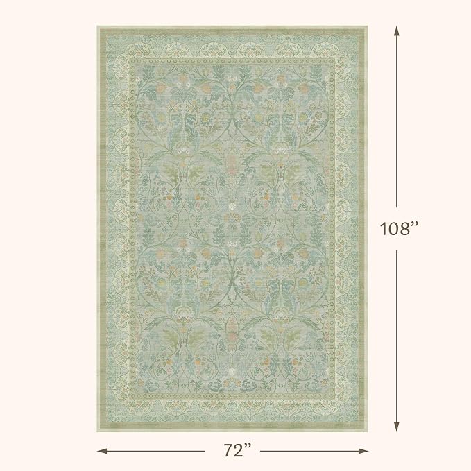 Sage Green Washable Soft Rugs for Bedroom 6x9, Low Pile Cottagecore Floral Area Rugs for Living Room, Non Slip Dining Room Carpet, Forest Green Carpet