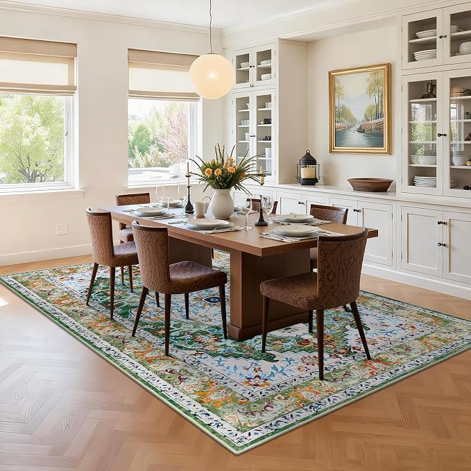U'Artlines Boho Vintage Area Rug 5x8 Machine Washable Carpet, Green | Low Pile, Non Slip, Ultra-Thin Soft Floor Carpet, Accent Rug for Living Room Bedroom Dining Room Office