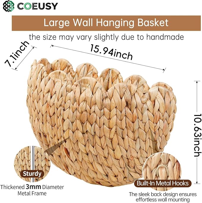 Coeusy Wicker Wall Basket, Boho Scalloped Wall Basket,Large Wall Hanging Baskets for Nursery,Door,Plants,Mail,Natural Water Hyacinth