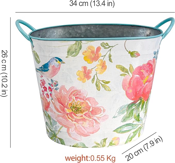 Vintage Watercolor Metal Bucket Planter with Floral & Bird Print , 13" Large Decorative Flower Pot with Handles for Indoor Outdoor Garden, Farmhouse Kitchen, Wedding and Rustic Home Decor (Flower#4)