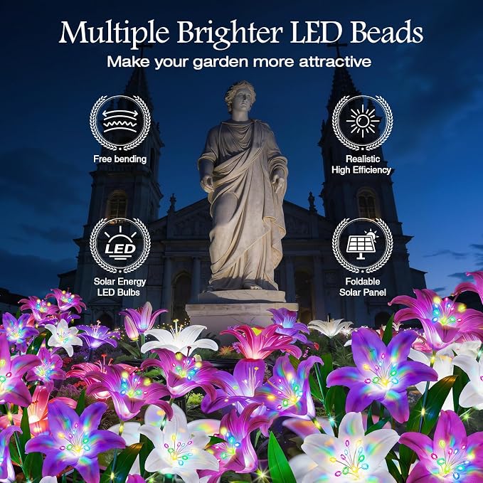 Solar Lights Outdoor Garden Decor - 6 Pack Solar Flowers with 30 Heads Colorful Lily Lights & Glowing Stems, Brighter Waterproof Decorative Garden Lights for Yard, Patio, Flower Bed, Gifts