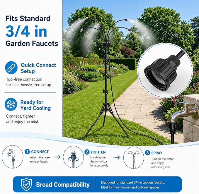 Upgraded Standing Misters for Outside Patio, 6FT Height Adjustable Outdoor Misting System, Portable Cooling Mister with Tripod, Brass Nozzles & 26FT Hose, Sprinkler for Tanning Backyard, Garden, Pets