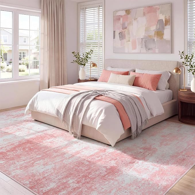 8x10 Area Rug for Living Room, Abstract Washable Large Rugs,Dusty Pink | Neutral Carpet for Bedroom, Dining Room, Home Office Nursery Indoor, Stain Resistant, Low Pile, Non-Shedding Modern Rug