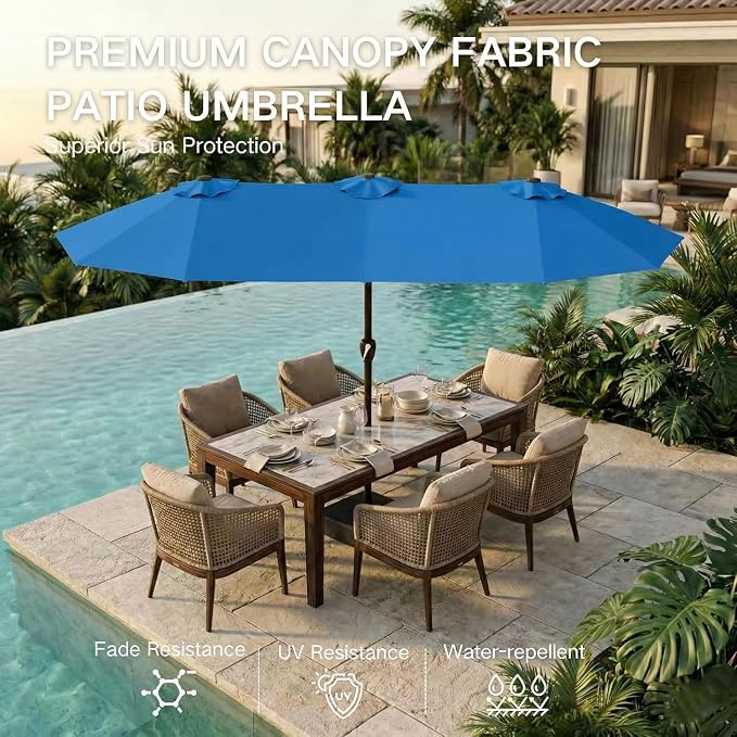 Kingdura 13ft Large Patio Umbrella with Base Included, Double-Sided Rectangle Outdoor Table Umbrella with 12 Reinforced Ribs, Crank Lift for Market Pool Deck Backyard, Royal blue