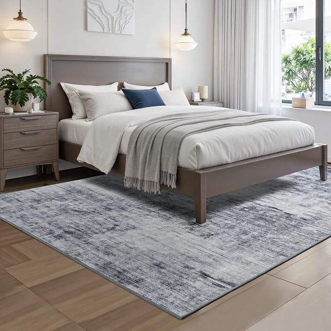 Toneed Washable 5x7 Grey Area Rug with Non-Slip Backing for Living Room | Abstract Modern Rugs, Soft Low Pile Carpet for Bedroom Kitchen Dining Room Nursery Indoor Floor Office Home Decor