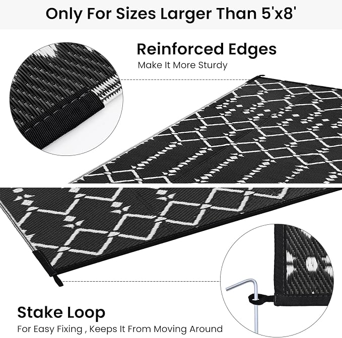 Smiry Outdoor Rug 8x10 ft, Waterproof Reversible Plastic Straw Rugs, Boho Outdoor Area Rug, Outside Floor Mat for Patio, Backyard, Deck, Picnic, Beach, Camping, Black