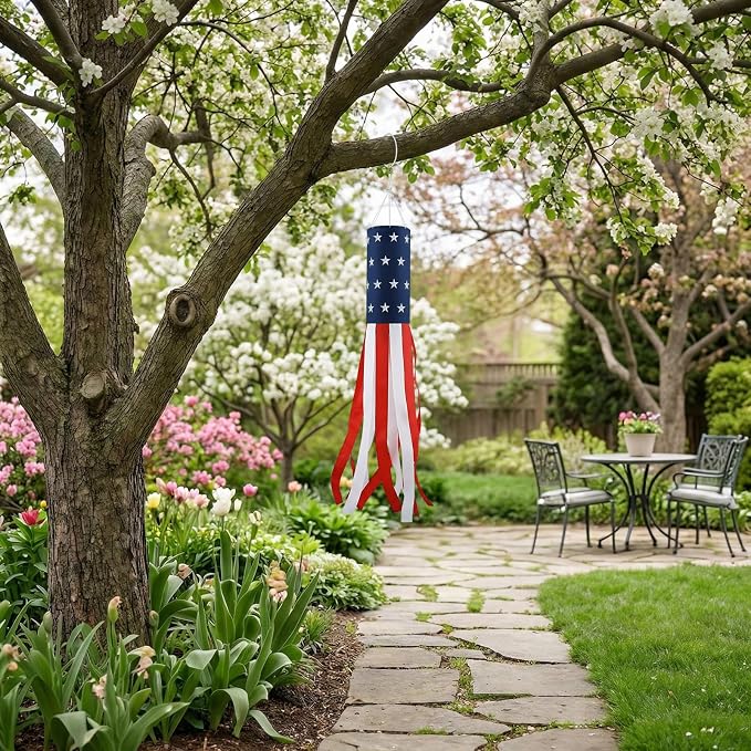 Windsocks Kit for Outside House, 4th of July Decorations US Flag 40 Inch Wind Socks with 6FT Stainless Steel Flagpole with Flag Holder and Rings (Silver)