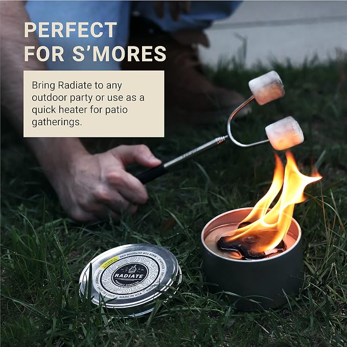 Radiate - 4 Pack Outdoor Portable Campfire - 2 Hours of Warmth and Burn Time - 4” Reusable Fire Pit for Camping, Smores, Cooking & Picnics - Recycled Soy Wax - Portable Fire Pit for Camping