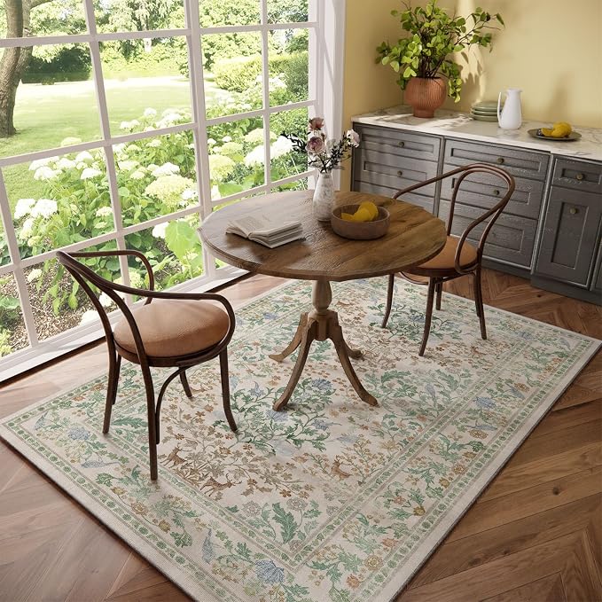 Washable Area Rugs for Living Room: 5x7 Bedroom Rug Vintage Area Rug Stain Resistant Non Slip Low Pile Lightweight Soft Carpets for Dining Room Kitchen Nursery Kids Room Playroom Home Office Indoor